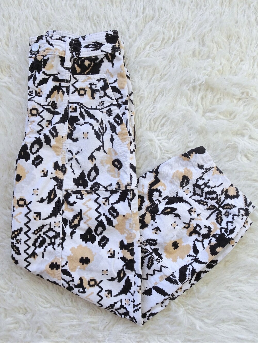 Anthropologie Black & Cream Botanical Patchwork Barrel Leg Cargo Pants